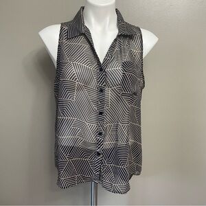 Poetry Clothing Medium Sheer Button Down Sleeveless Blouse Geometric Print